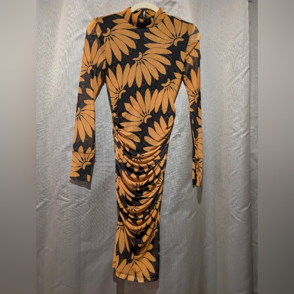 Black and Orange Floral Long Sleeve Dress